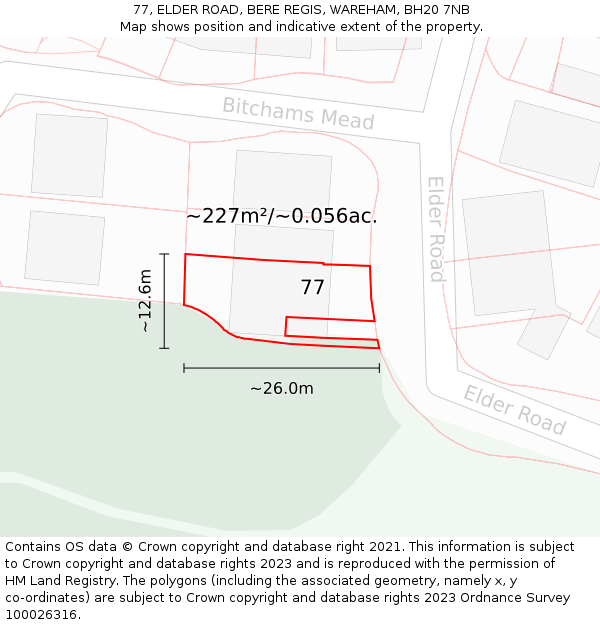 77, ELDER ROAD, BERE REGIS, WAREHAM, BH20 7NB: Plot and title map