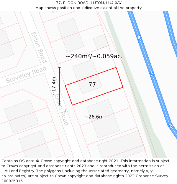 77, ELDON ROAD, LUTON, LU4 0AY: Plot and title map