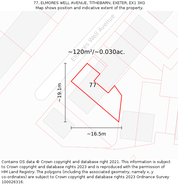 77, ELMORES WELL AVENUE, TITHEBARN, EXETER, EX1 3XG: Plot and title map