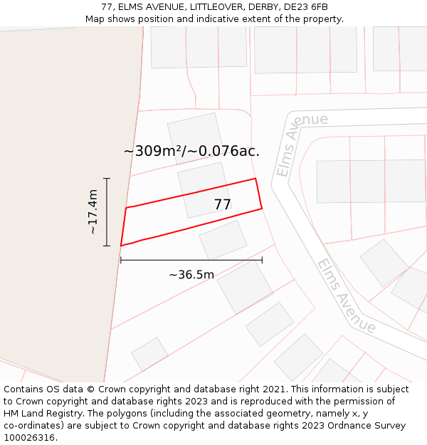 77, ELMS AVENUE, LITTLEOVER, DERBY, DE23 6FB: Plot and title map
