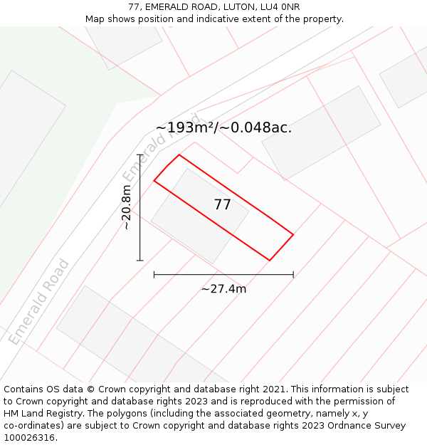 77, EMERALD ROAD, LUTON, LU4 0NR: Plot and title map