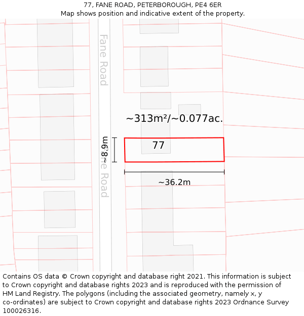 77, FANE ROAD, PETERBOROUGH, PE4 6ER: Plot and title map