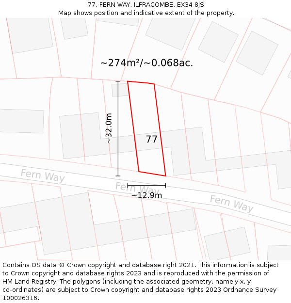 77, FERN WAY, ILFRACOMBE, EX34 8JS: Plot and title map
