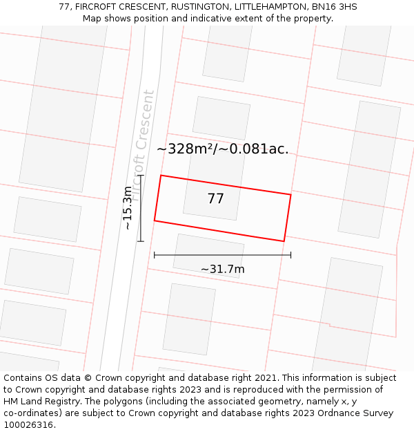 77, FIRCROFT CRESCENT, RUSTINGTON, LITTLEHAMPTON, BN16 3HS: Plot and title map