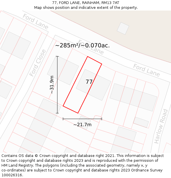 77, FORD LANE, RAINHAM, RM13 7AT: Plot and title map