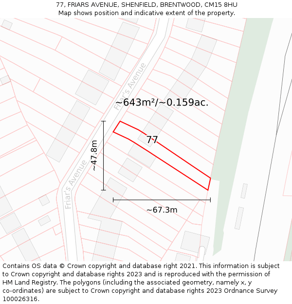 77, FRIARS AVENUE, SHENFIELD, BRENTWOOD, CM15 8HU: Plot and title map