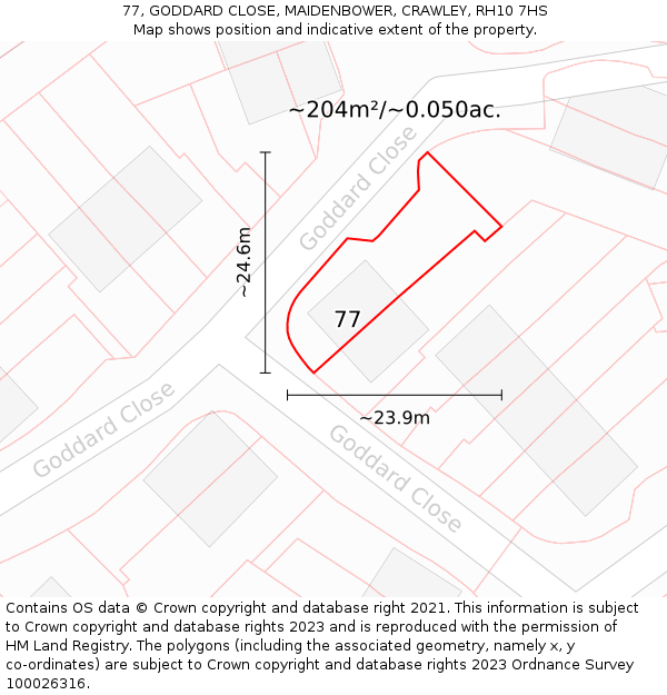 77, GODDARD CLOSE, MAIDENBOWER, CRAWLEY, RH10 7HS: Plot and title map