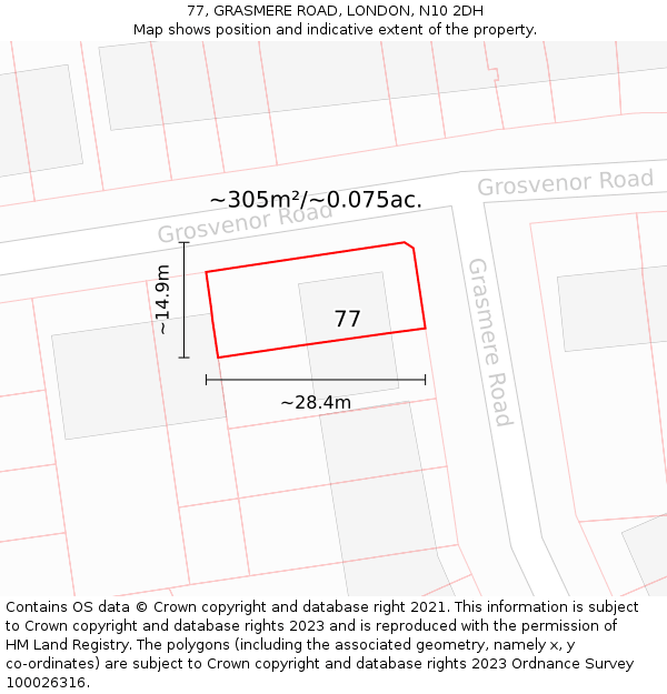 77, GRASMERE ROAD, LONDON, N10 2DH: Plot and title map