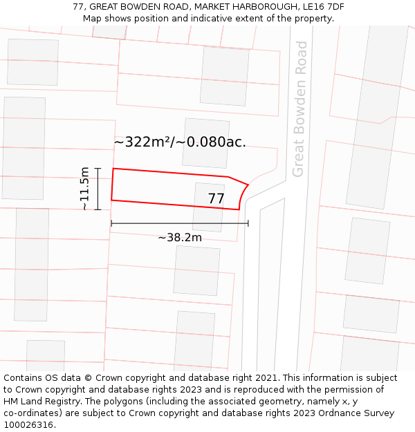 77, GREAT BOWDEN ROAD, MARKET HARBOROUGH, LE16 7DF: Plot and title map