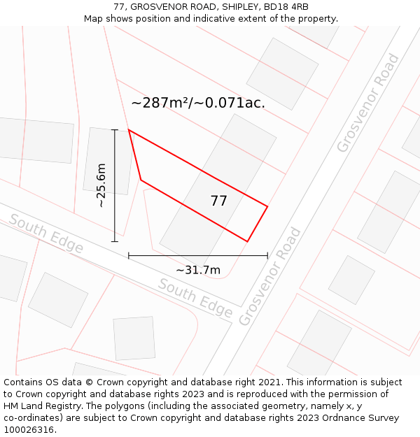 77, GROSVENOR ROAD, SHIPLEY, BD18 4RB: Plot and title map