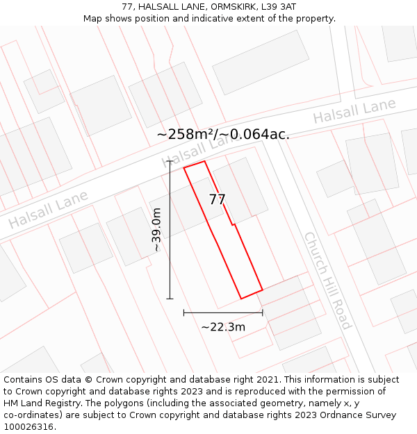 77, HALSALL LANE, ORMSKIRK, L39 3AT: Plot and title map