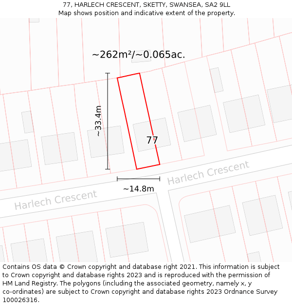 77, HARLECH CRESCENT, SKETTY, SWANSEA, SA2 9LL: Plot and title map
