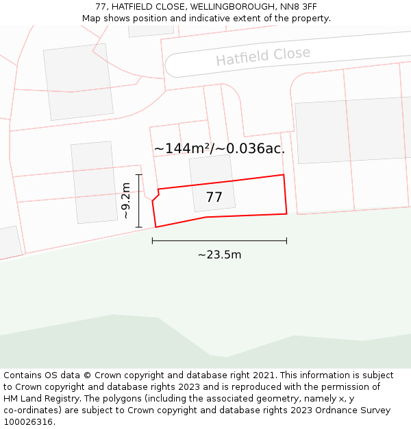 77, HATFIELD CLOSE, WELLINGBOROUGH, NN8 3FF: Plot and title map