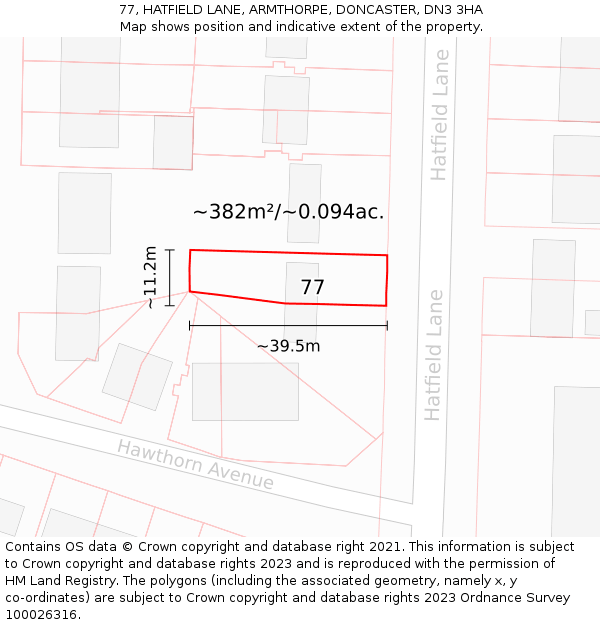 77, HATFIELD LANE, ARMTHORPE, DONCASTER, DN3 3HA: Plot and title map