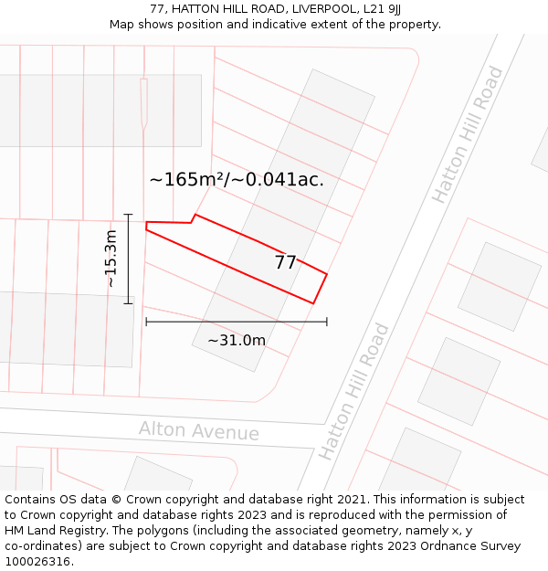 77, HATTON HILL ROAD, LIVERPOOL, L21 9JJ: Plot and title map