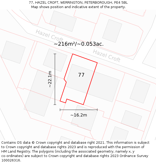 77, HAZEL CROFT, WERRINGTON, PETERBOROUGH, PE4 5BL: Plot and title map