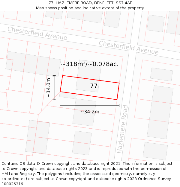77, HAZLEMERE ROAD, BENFLEET, SS7 4AF: Plot and title map