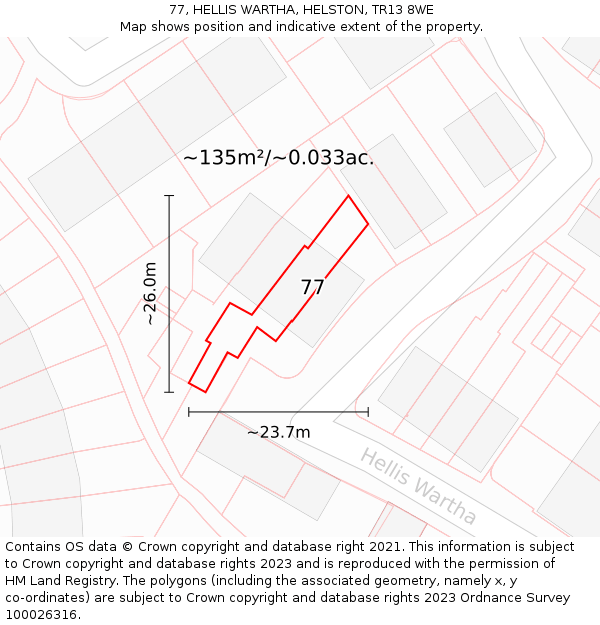 77, HELLIS WARTHA, HELSTON, TR13 8WE: Plot and title map