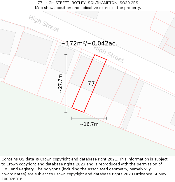 77, HIGH STREET, BOTLEY, SOUTHAMPTON, SO30 2ES: Plot and title map