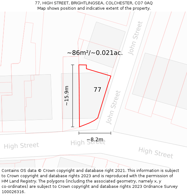77, HIGH STREET, BRIGHTLINGSEA, COLCHESTER, CO7 0AQ: Plot and title map