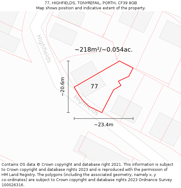77, HIGHFIELDS, TONYREFAIL, PORTH, CF39 8GB: Plot and title map