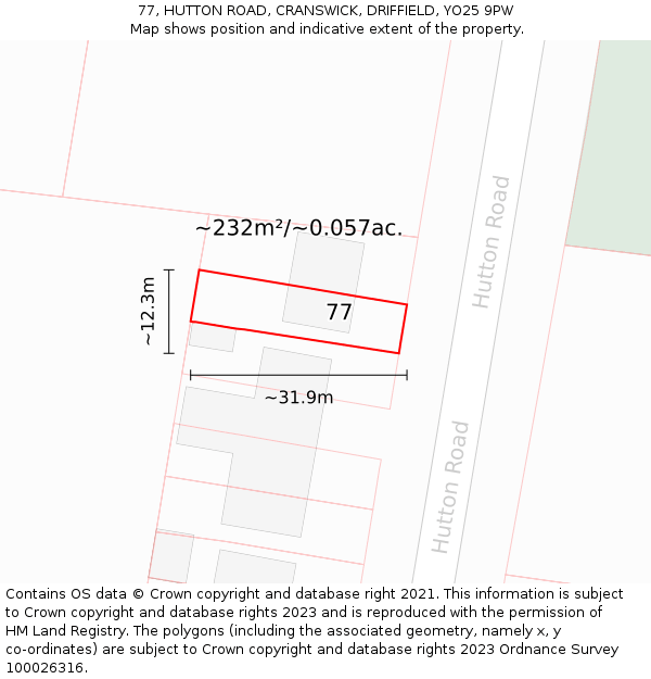 77, HUTTON ROAD, CRANSWICK, DRIFFIELD, YO25 9PW: Plot and title map