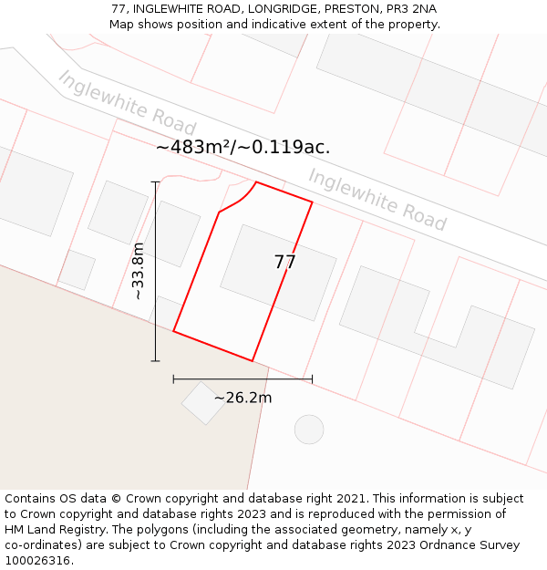 77, INGLEWHITE ROAD, LONGRIDGE, PRESTON, PR3 2NA: Plot and title map
