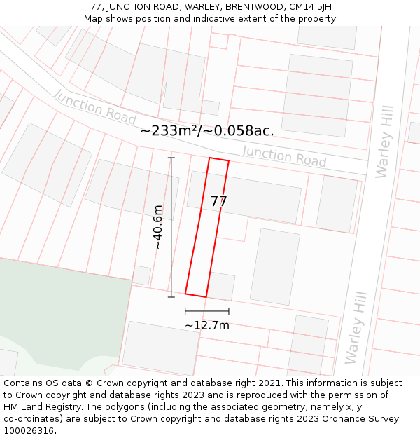 77, JUNCTION ROAD, WARLEY, BRENTWOOD, CM14 5JH: Plot and title map