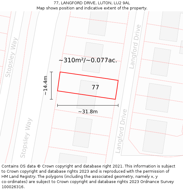 77, LANGFORD DRIVE, LUTON, LU2 9AL: Plot and title map