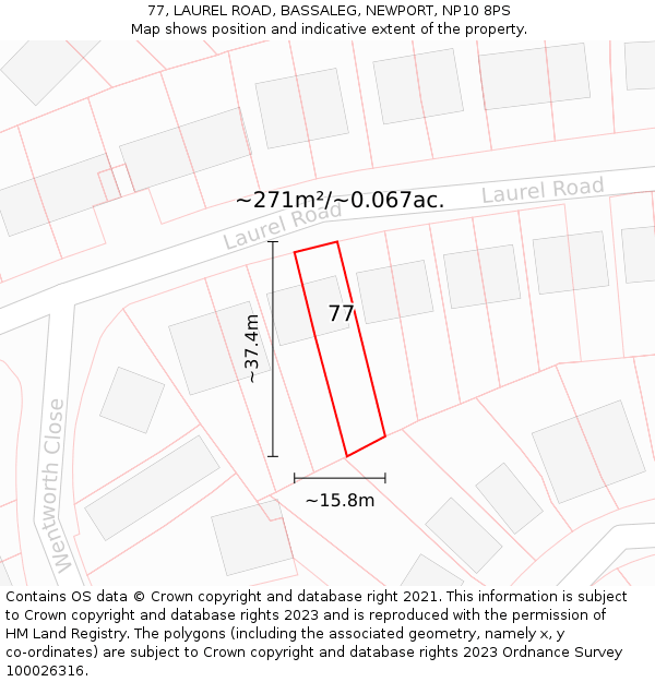 77, LAUREL ROAD, BASSALEG, NEWPORT, NP10 8PS: Plot and title map