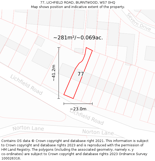 77, LICHFIELD ROAD, BURNTWOOD, WS7 0HQ: Plot and title map