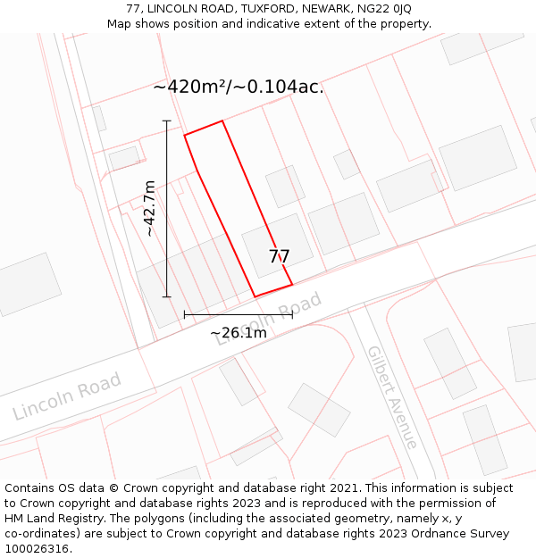 77, LINCOLN ROAD, TUXFORD, NEWARK, NG22 0JQ: Plot and title map