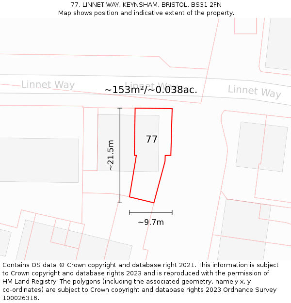 77, LINNET WAY, KEYNSHAM, BRISTOL, BS31 2FN: Plot and title map