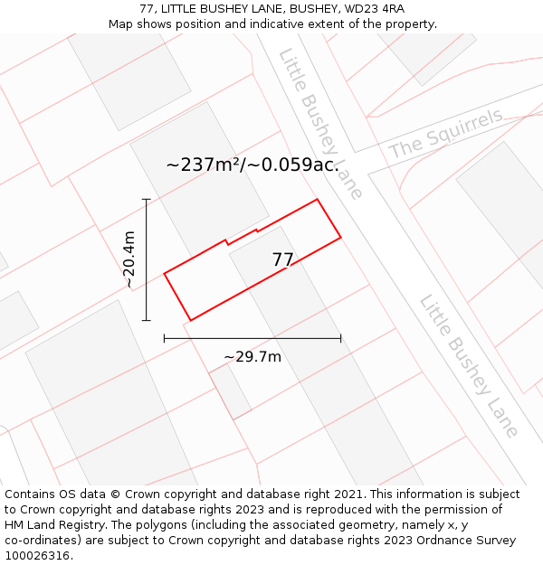 77, LITTLE BUSHEY LANE, BUSHEY, WD23 4RA: Plot and title map