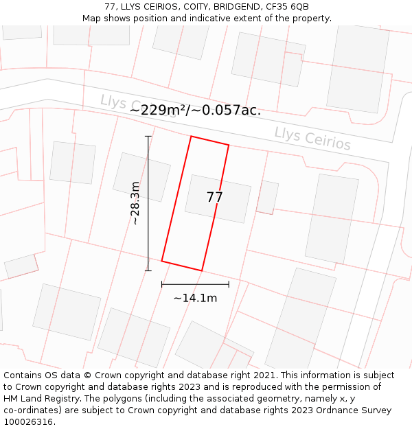 77, LLYS CEIRIOS, COITY, BRIDGEND, CF35 6QB: Plot and title map