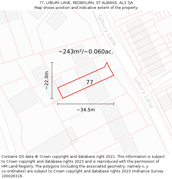 77, LYBURY LANE, REDBOURN, ST ALBANS, AL3 7JA: Plot and title map