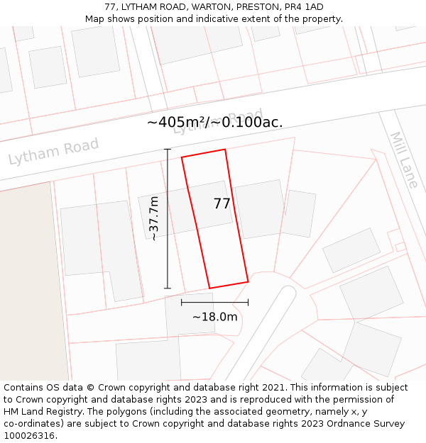 77, LYTHAM ROAD, WARTON, PRESTON, PR4 1AD: Plot and title map