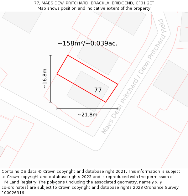 77, MAES DEWI PRITCHARD, BRACKLA, BRIDGEND, CF31 2ET: Plot and title map