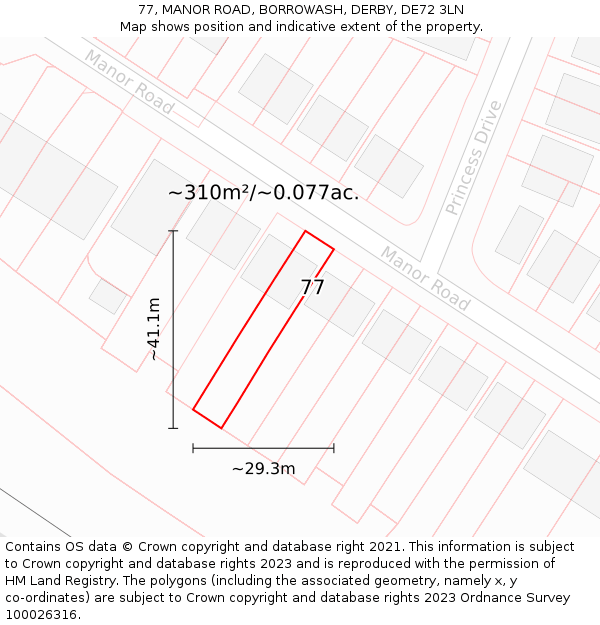 77, MANOR ROAD, BORROWASH, DERBY, DE72 3LN: Plot and title map