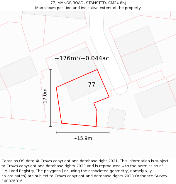 77, MANOR ROAD, STANSTED, CM24 8NJ: Plot and title map