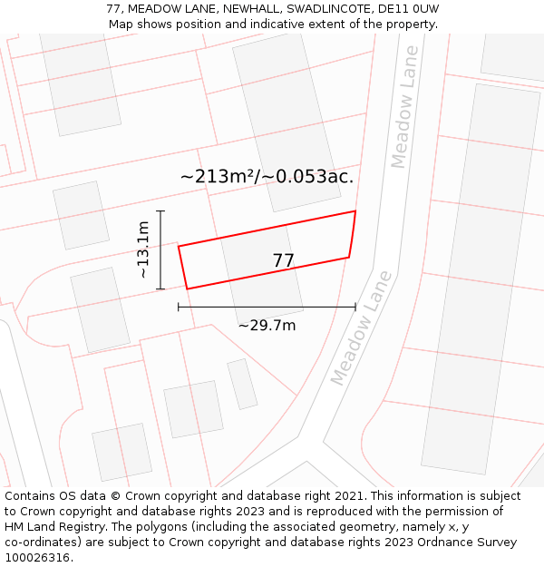 77, MEADOW LANE, NEWHALL, SWADLINCOTE, DE11 0UW: Plot and title map