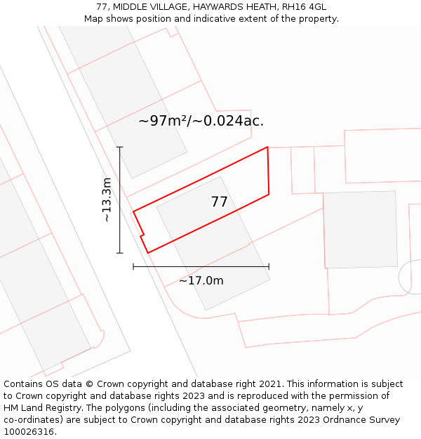 77, MIDDLE VILLAGE, HAYWARDS HEATH, RH16 4GL: Plot and title map