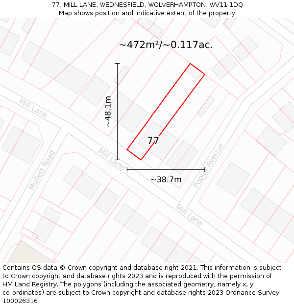 77, MILL LANE, WEDNESFIELD, WOLVERHAMPTON, WV11 1DQ: Plot and title map