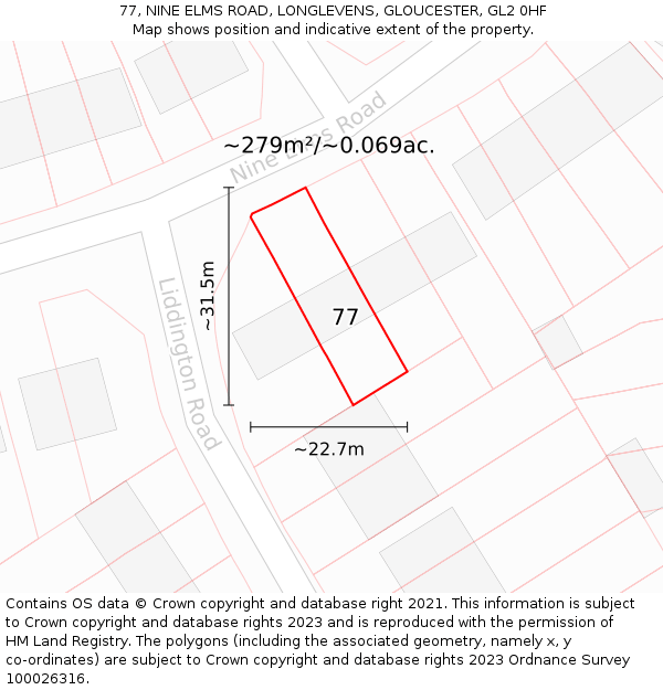 77, NINE ELMS ROAD, LONGLEVENS, GLOUCESTER, GL2 0HF: Plot and title map