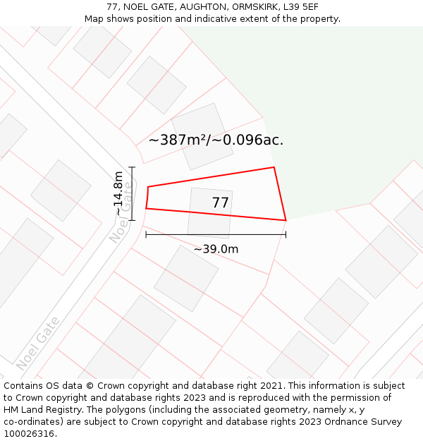 77, NOEL GATE, AUGHTON, ORMSKIRK, L39 5EF: Plot and title map