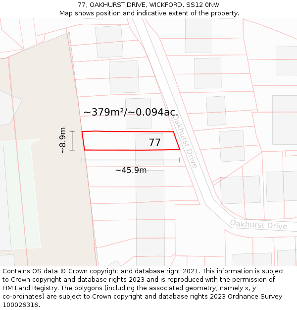 77, OAKHURST DRIVE, WICKFORD, SS12 0NW: Plot and title map