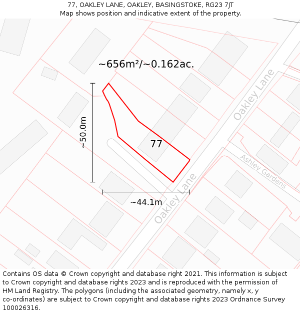 77, OAKLEY LANE, OAKLEY, BASINGSTOKE, RG23 7JT: Plot and title map