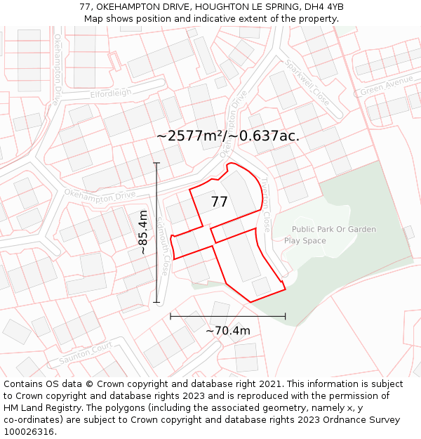 77, OKEHAMPTON DRIVE, HOUGHTON LE SPRING, DH4 4YB: Plot and title map