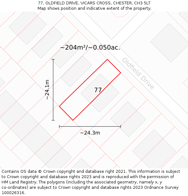77, OLDFIELD DRIVE, VICARS CROSS, CHESTER, CH3 5LT: Plot and title map