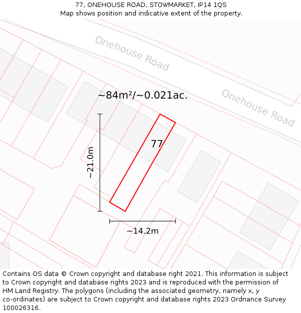 77, ONEHOUSE ROAD, STOWMARKET, IP14 1QS: Plot and title map